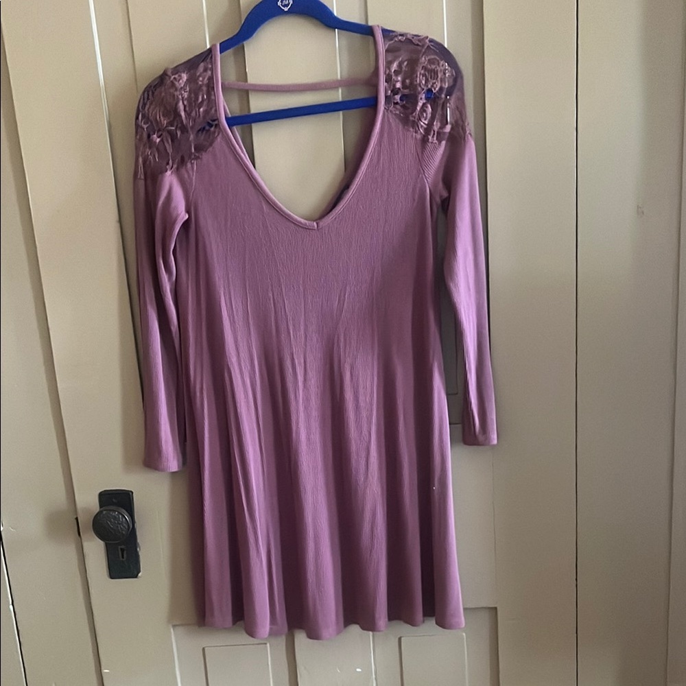American Eagle Outfitters Purple Long Sleeve V-Neck A-Line Dress for Casual Wear